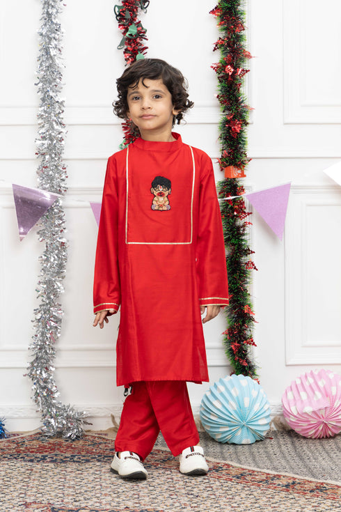 HANUMAN RED SILK KURTA SET